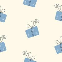 tekening blauw geschenk dozen naadloos patroon. winter vakantie, nieuw jaar en Kerstmis presenteert omhulsel papier afdrukken ontwerp. vector illustratie.