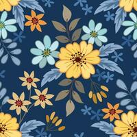 geel en blauw bloemen kleur Aan donker blauw achtergrond naadloos patroon. vector