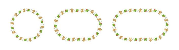 ronde peperkoek koekjes kader grens set, Kerstmis winter vakantie grafiek. eigengemaakt snoepgoed patroon, kaart en sociaal media post sjabloon Aan wit achtergrond. geïsoleerd vector illustratie.