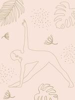 meisje aan het doen yoga Aan een koraal achtergrond met tropisch bladeren. lijn kunst in schetsen stijl geïsoleerd Aan roze achtergrond. vector illustratie