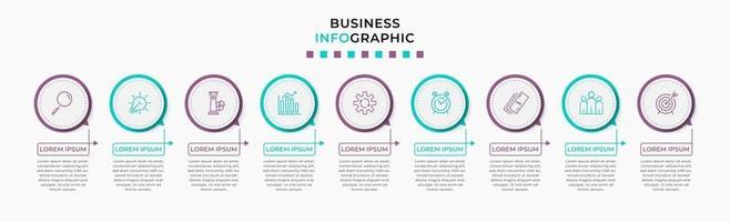 infographic zakelijke ontwerpsjabloon met pictogrammen en 9 opties of stappen vector