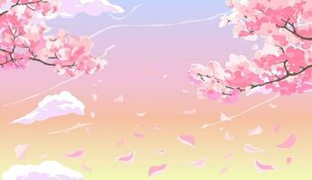 roze bloeiende sakura takken met bloemblaadjes vallend tegen de achtergrond van een roze zonsondergang lucht met wolken. vector