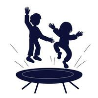 silhouet van kinderen jumping Aan een trampolinespringen. weinig jongen karakter. kinderjaren en vrije tijd vector