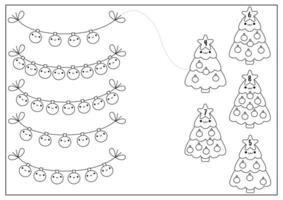 Kerstmis zwart en wit bij elkaar passen spel met schattig kawaii Spar boom, gekleurde ballen. winter lijn vakantie wiskunde werkzaamheid voor peuter- kinderen. leerzaam afdrukbare nieuw jaar tellen kleur bladzijde vector