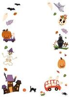 schattig halloween kader of kaart voor partij met vrachtwagen, auto, bus, geesten, skelet, achtervolgd huis vector illustratie. grappig spookachtig banier, halloween viering sjabloon, kinderachtig hand- getrokken spandoek.