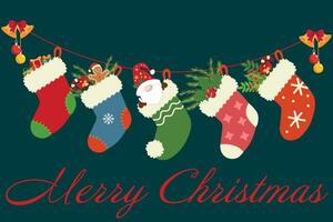 Kerstmis groet kaart met schattig sokken. Kerstmis grafiek feestelijk. winter vakantie achtergrond. vector