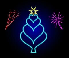 neon Kerstmis boom met ster, gloeiend icoon. neon nieuw jaar boom silhouet, schets Kerstmis boom in levendig kleuren. feestelijk Spar met neon licht. icoon set, teken, symbool voor ui. vector illustratie