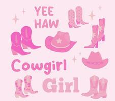reeks van roze verschillend cowboy laarzen, hoed, inscriptie. de concepten van de cowboy western en de wild westen. vector