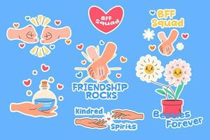 reeks van stickers over vrienden en vriendschap. hand- Holding hand, vuist stickers, clip art. vector