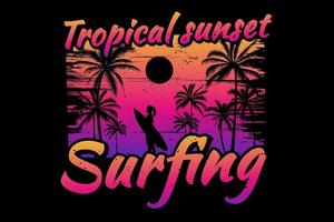 surfen in tropische zonsondergangstijl vector