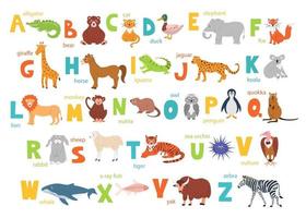 kinderalfabet met schattige dieren voor onderwijs en handmatig lettertype vector