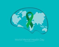 werelddag voor geestelijke gezondheid met kaart groen lint hersenpapier vector