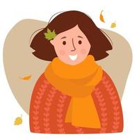 portret van een meisje in een sjaal met herfstbladeren in het haar vector
