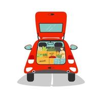 kleine auto koffer is open en vol met boodschappen vector