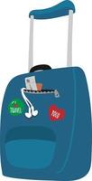 blauwe kleur koffer met wielen en stickers. bagage met reisdocumenten en oortelefoons die eruit komen. duurzame tas voor backpackers en reizigers. vector