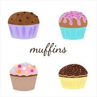 muffins instellen. taarten met stukjes chocolade, glazuur en besprenkeling vector