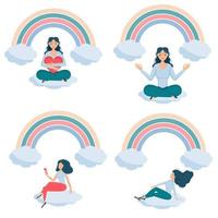 meisjes zitten regenboog smile set vector