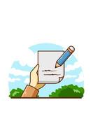 hand met papier en potlood cartoon afbeelding vector