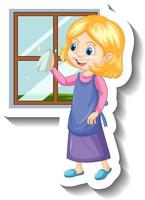 een huishoudster die het raam schoonmaakt stripfiguur sticker vector