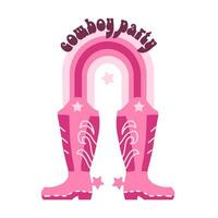 retro roze veedrijfster laarzen met regenboog. koeboog partij citaten. pink cowboy western en wild west thema. hand- getrokken falt vector ontwerp voor ansichtkaart, uitnodiging, sticker