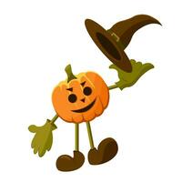 pompoen met poten en armen. heks hoed. gelukkig halloween. pompoen emoticon vector