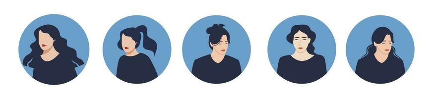 cirkel de avatar met een vrouw gezicht. portretten van verschillend Dames van verschillend rassen. verzameling van gebruiker profielen. ronde icoon met gelukkig glimlachen Mens. kleurrijk vlak vector illustratie