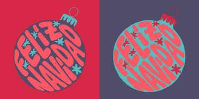 Kerstmis groovy belettering. hand- getrokken leuze vrolijk Kerstmis in Spaans in een Kerstmis bal vorm geven aan. modieus afdrukken ontwerp in retro stijl voor affiches, kaarten, overhemd afdrukken sociaal media grafiek vector