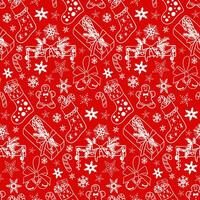 rood en wit Kerstmis patroon met traditioneel decoraties in vlak tekening stijl. schets schetsen wit elementen voor Kerstmis partij decoratie Aan rood achtergrond. winter vakantie ontwerp vector