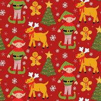 Kerstmis patroon met vakantie elf en rendieren met Kerstmis boom, peperkoek Mens en sneeuwvlokken. vlak tekens in tekenfilm kinderachtig stijl Aan rood achtergrond. mooi zo voor decoratie, omhulsel vector
