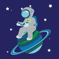 astronaut zittend Aan de planeet. vector illustratie in vlak stijl