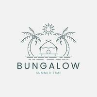 bungalow lijn kunst logo vector met zee en palm boom, zon illustratie sjabloon ontwerp