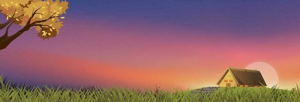 voorjaar landschap zonsondergang lucht achtergrond, vector tekenfilm dorp ochtend- zonsopkomst over- boerderij huis, gras veld- en boom, horizon natuur landelijk tafereel platteland in zomer