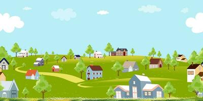 naadloos patroon voorjaar landschap dorp huis Aan groen velden, bergen, blauw lucht en wolken achtergrond, horizon vredig landelijk natuur zonnig dag zomer met gras land.cartoon vector banier voor Pasen