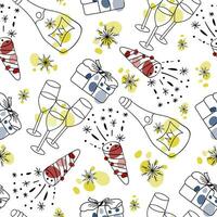 naadloos patroon met nieuw jaar clip art. exploderend partij popper met confetti, geschenk doos, Champagne fles en bril, sneeuwvlokken, kleurrijk vlekken en dots Aan wit achtergrond vector