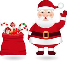 grappig de kerstman claus met geschenk zak. vrolijk Kerstmis en gelukkig nieuw jaar groet kaart. vector illustratie
