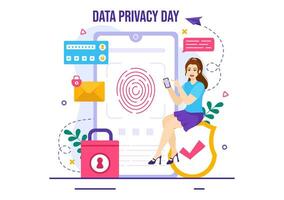 gegevens privacy dag vector illustratie Aan januari 28 met slot Aan de scherm voor schild informatie document in vlak tekenfilm achtergrond ontwerp