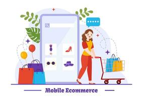 mobiel e-commerce vector illustratie van slim telefoon voor activiteiten van online boodschappen doen en digitaal afzet Promotie met zak en geschenk doos ontwerp