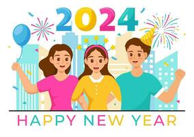 gelukkig nieuw jaar 2024 viering vector illustratie met trompet, vuurwerk, linten en confetti in vakantie nationaal vlak tekenfilm achtergrond