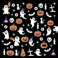 gelukkig halloween vector. magie elementen. pompoenen, geest, schedel, zwart kat. illustratie in vlak tekenfilm stijl. vector