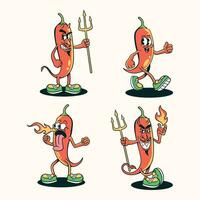 reeks van rood Chili mascotte tekenfilm tekens in wijnoogst stijl vector