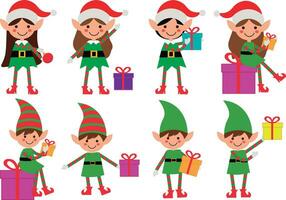 aanbiddelijk santa's elfen in groen en rood outfits presentatie van divers poses en Holding Kerstmis presenteert en artikelen. perfect voor feestelijk vakantie ontwerpen en decoraties vector