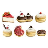 waterverf desserts verzameling met aardbei kaas taart, chocola donuts. heerlijk hand- vector