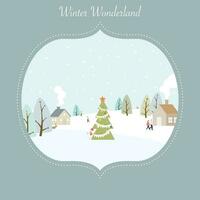 winter wonderland pastel kleuren kinderachtig stijl in wijnoogst kader vector illustratie. vrolijk Kerstmis en gelukkig nieuw jaar groet kaart sjabloon.