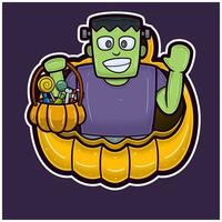 groen zombie Aan groot pompoen tekenfilm. halloween sticker logo. vector