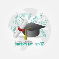 Internationale studenten dag poster met diploma uitreiking hoed en rol vector