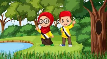 brunei kids dragen traditionele kleding in het boslandschap vector