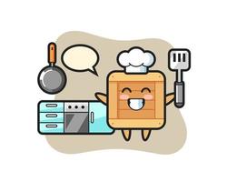 houten kist karakter illustratie als een chef-kok aan het koken is vector