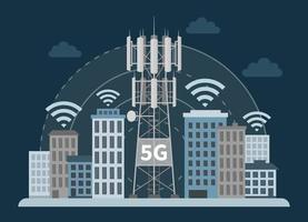 5g-torenbasisstation in innovatieve slimme stad vector