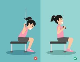 vrouw verkeerde en juiste lat pulldown houding, vectorillustratie vector