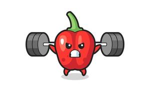 rode paprika mascotte cartoon met een barbell vector